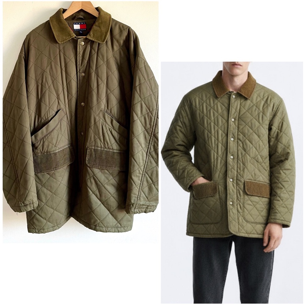 TOMMY HILFIGER Men's Quilted Jacket Plaid Lining Flat Corduroy Collar Cotton L